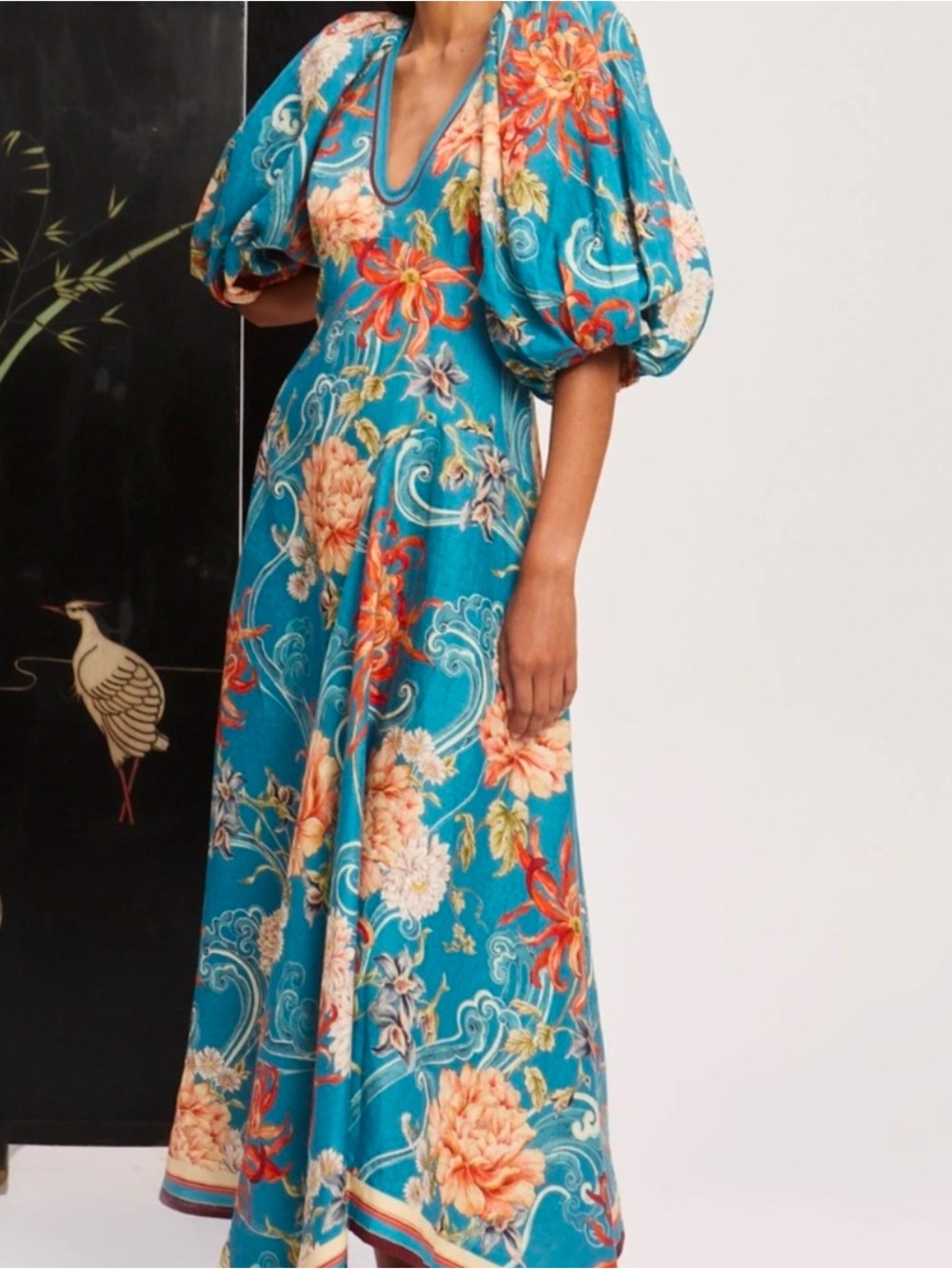 Alemais Teal Floral V-Neck Maxi Dress with Puff Sleeves NWT